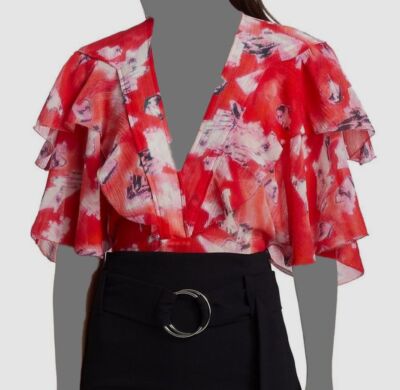 $395 IRO Women's Red Silk/Linen Azure Floral Print Blouse Top Size 34