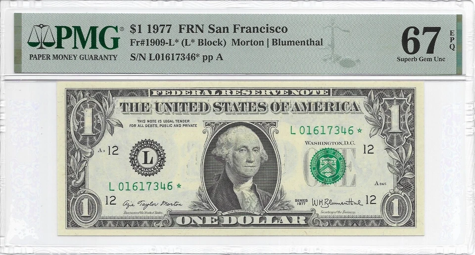1977 $1 САН-ФРАНЦИСКО *STAR * ⭐️ FRN. Банкнота PMG Superb GEM 67 EPQ не бывшая в обращении - Изображение 2 из 3