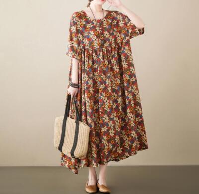 Womens Fashion Summer Rural Style Round Collar Short Sleeve A-line Printed Dress