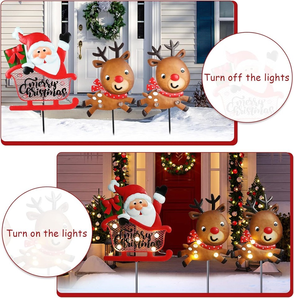 3 Pieces Christmas Decorations Outdoor Yard Sign with LED Lights Sled