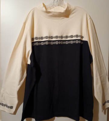Bechamel 2X Mock Turtleneck Top Embroidered L/S  Black & Ivory 100% Cotton NWT