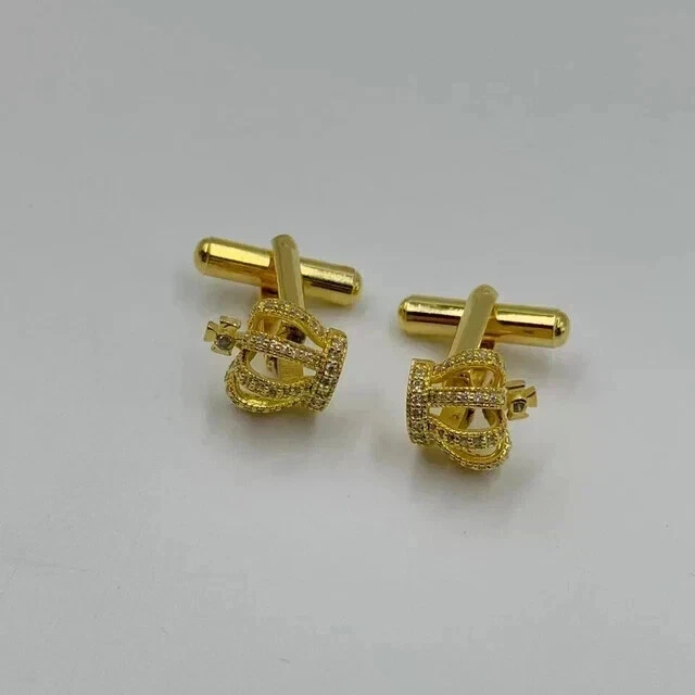 Gemelos corona de diamantes creados en laboratorio de corte redondo de 2 quilates enchapados en oro amarillo de 14 k para hombre Foto 2 de 4