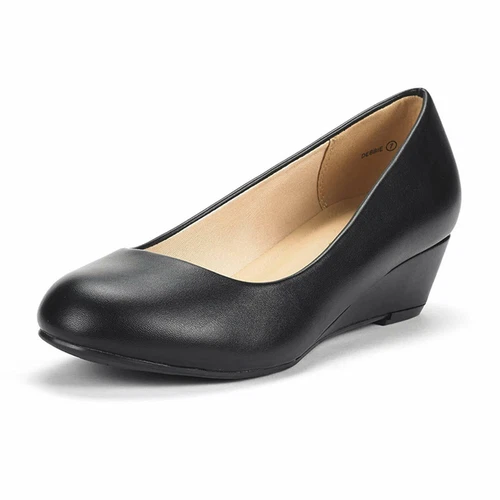 Women Wide Size Slip On Low Chunky Wedge Heel Round Toe Pump Dress Shoes - Picture 12 of 18