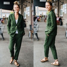 Green Women Suits Linen Ladies Summer Work Office Causal Wear 2 Pieces Outfits