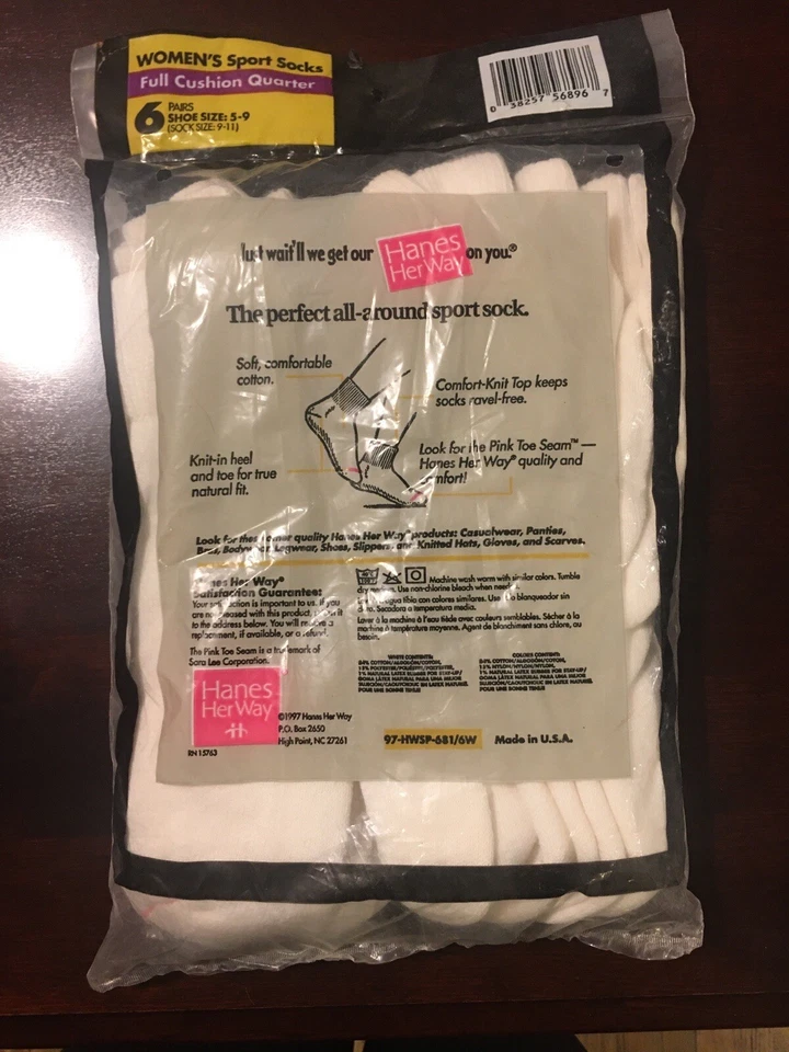 Vintage 6 Pr Hanes Her Way Full Cushion Sport Quarter Socks Size 9-11 White New - Image 2 of 4