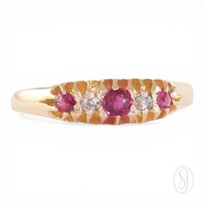 EDWARDIAN LOVE Antique 18K Yellow Gold Five Stone Ruby & Old Cut Diamond Ring