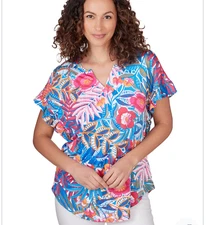 Ruby Rd. Multicolor Knit Blouse Sz L Tropical Rainforest Short Sleeve Blue Pink