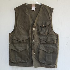 Filson Vintage Waxed Tin Cloth Half Moon Vest Sz L Khaki Green USA Made Hunting