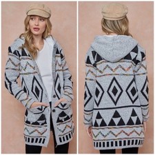 Gray Multi Sweater Hooded Long Knit Cardigan Sweater w/ Sherpa Lining