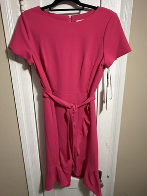 Calvin Klein Pink Sheath Dress Short Sleeve Belted Zip Back Knee Length 10