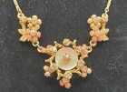 Vintage Gold Mother Of Pearl Rhinestone Necklace Coral Pink Flowers Faux Pearls — photo 3