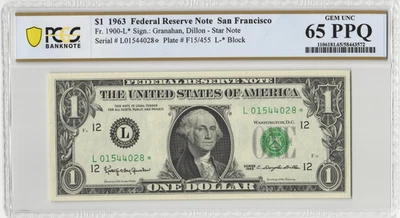 Fr.1900-L 1963 San Francisco $1 Federal Reserve Star Note PCGS GEM UNC 65 PPQ - Image 1 of 2