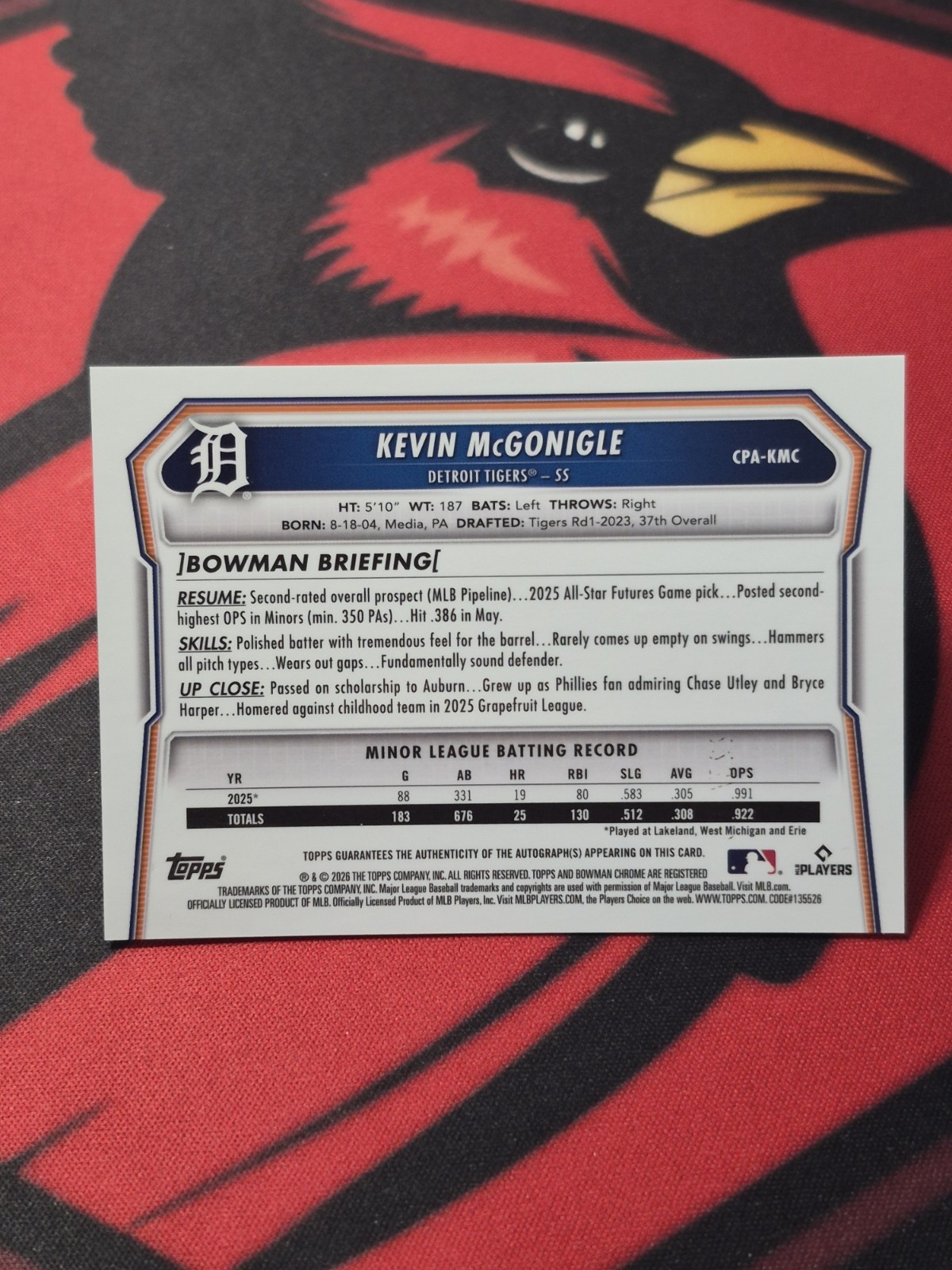 2026 Bowman Chrome Speckle Auto KEVIN MCGONIGLE CPA-KMC /299 TIGERS RC view 2