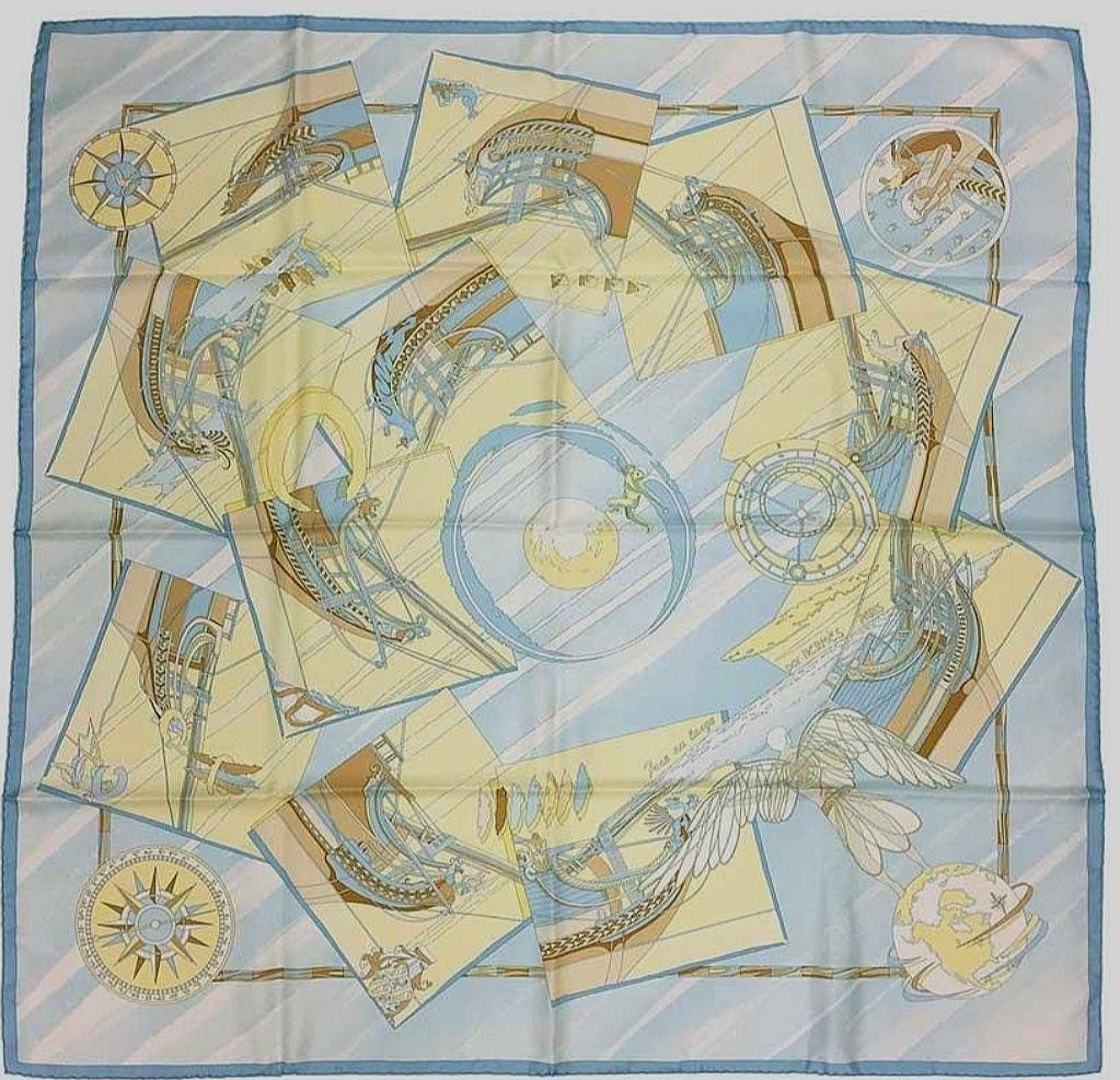HERMES Carre 90 Silk Scarf Offshore Blue Sailboat Design QOAJ5N