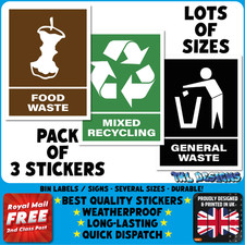 Food Waste Mixed Recycling Bin Stickers – Waterproof Labels for Bins - Pack of 3