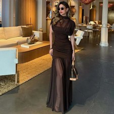 ZARA NEW WOMAN FW25 COMBINED DRAPED MIDI DRESS chocolate | 3067/261_S,L,XL