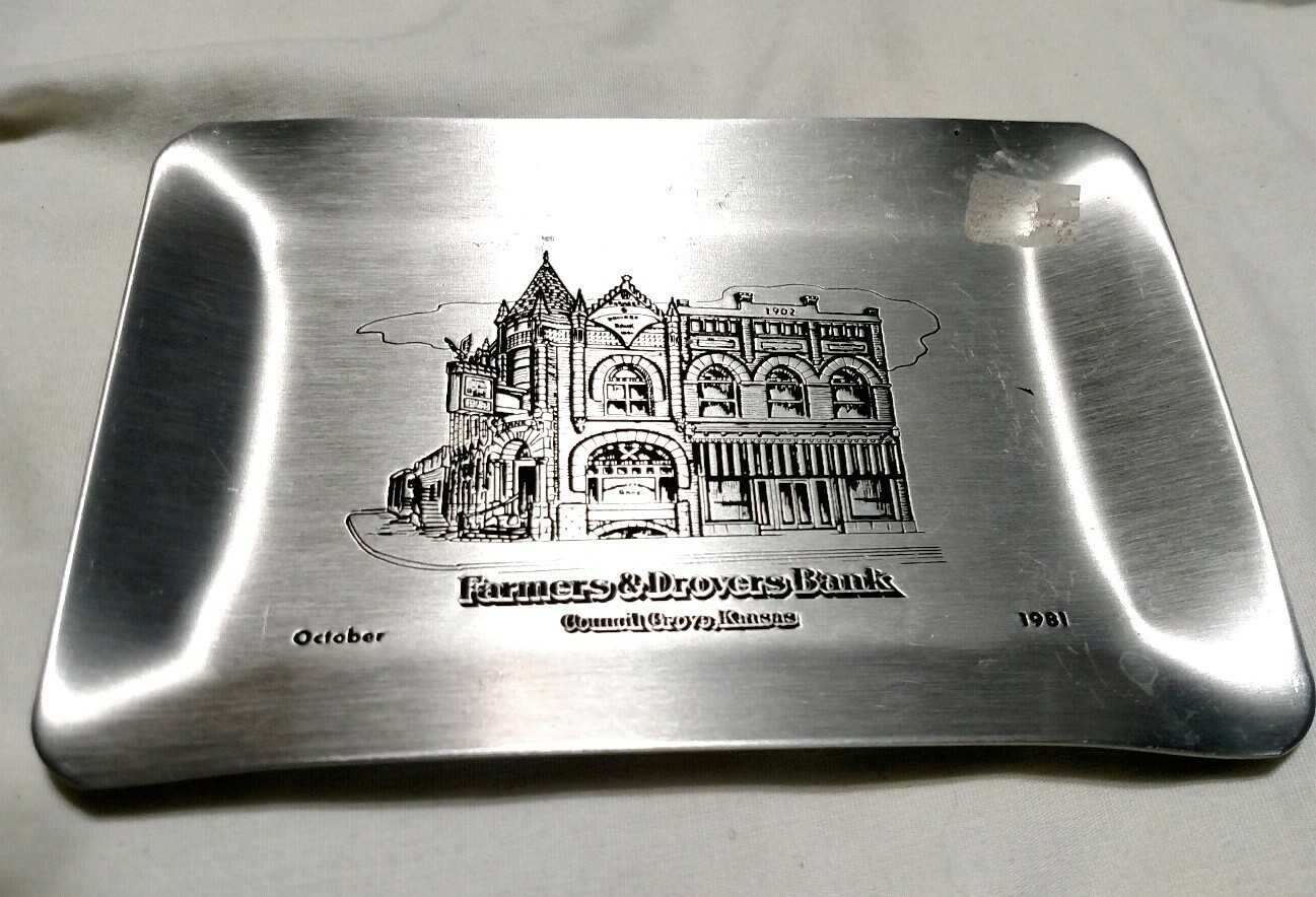 Vintage FARMERS & DROVERS BANK ALUMINUM DISH ASHTRAY 1981 Council Grove