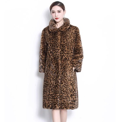 Women Clothes Warm Winter Faux Fur Leopard Printed Jackets Over The Knee Outwear