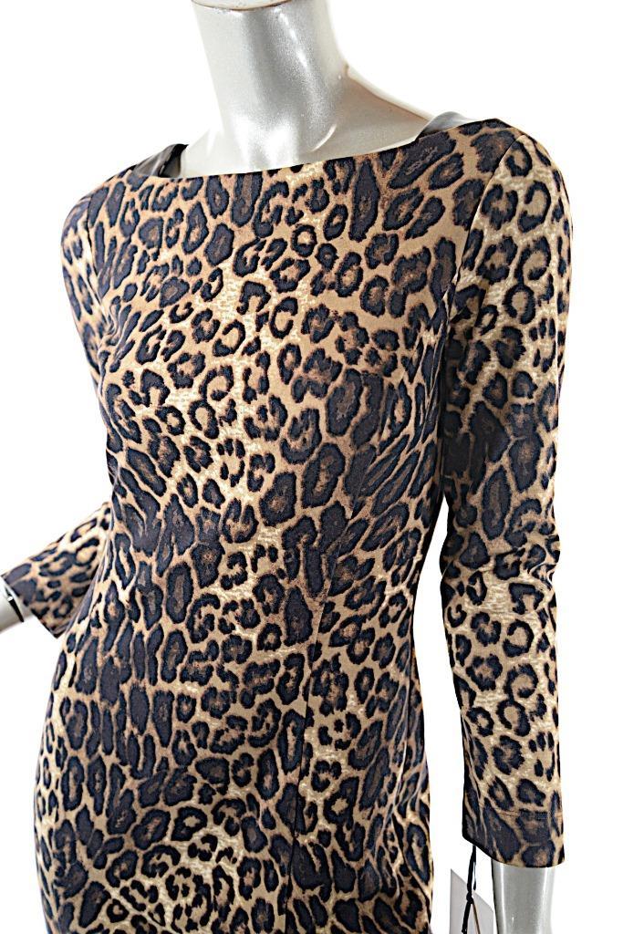 W By WORTH Black Brown Rayon Blend Knit Animal Print Leather Trim Dress US 2 NWT image 4
