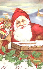 c1910 Christmas Postcard Santa Climbs Chimney with Sack of Toys Near Church