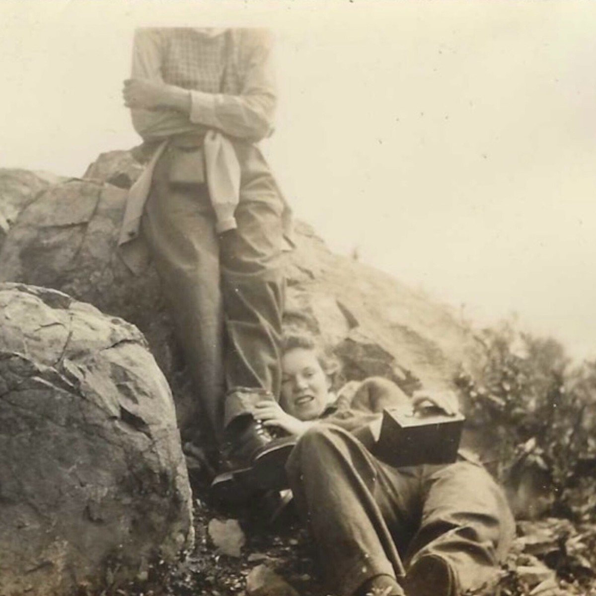 Vintage Snapshot Photo Man Head Out Of Frame Woman Clutching Boot