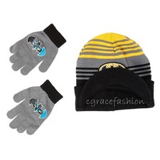 DC Comics Batman Logo Kid Boys Beanie Winter Ski Cap Hat Brim Visor Gloves Set