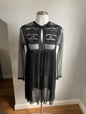 Women’s ZARA Black Lace Sheer pleated Dress Round Neck Has Hole See Photos Small
