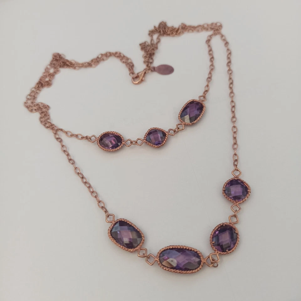 Rose Gold Necklace Plated Sterling Silver Purple CZC Layered Sparkly Elegant WOW - Image 2 of 4