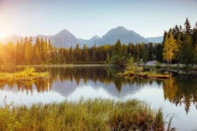 Wandbild: Ruhiger Bergsee im Nationalpark Hohe Tatra. Standort Ort Strbske [...]