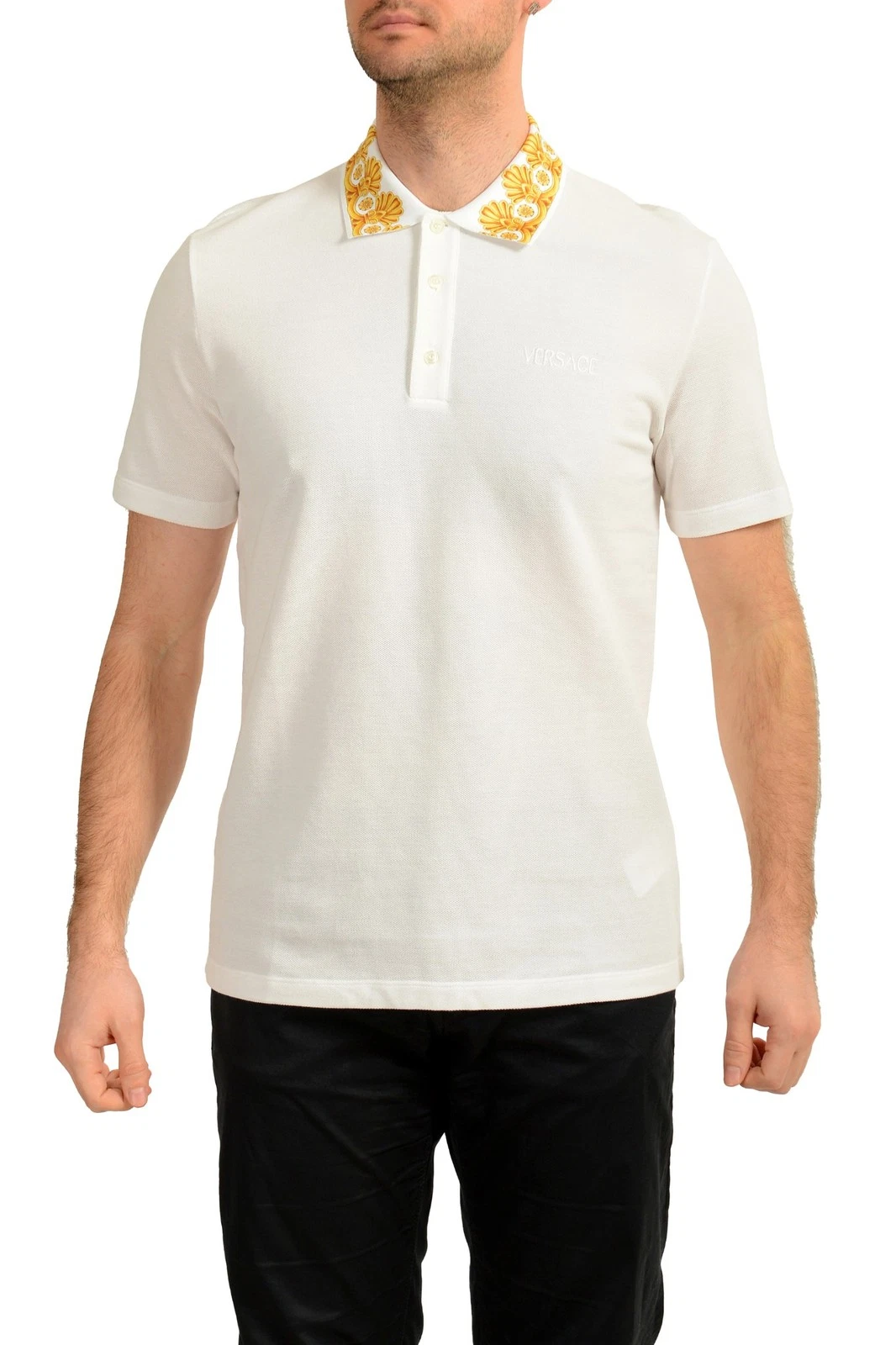Versace Men's White Barocco Print Short Sleeve Polo Shirt US XL IT 54