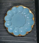 Fire King Anchor Hocking Delphite Blue Gold Trim Deviled Egg Plate 10"
