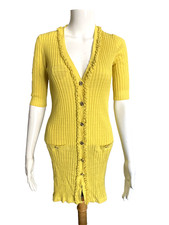 Vintage Chanel 09P Yellow Ribbed Knit Cardigan Sweater Dress FR-34 Button Ruffle