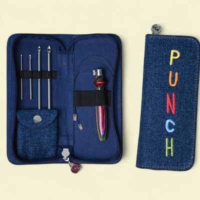 Verstellbare Punch Nadel von Knit Pro. The Vibrant Set mit besticktem Jeanskoffer