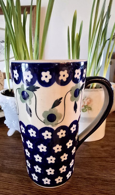 Polish Pottery Hand Painted 16 OZ Bistro 6'' Tall Mug Ceramika artystyczna Cobalt