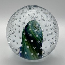Hand Blown Art Glass Swirl Paperweight with Controlled Bubbles, Clear Green Blue