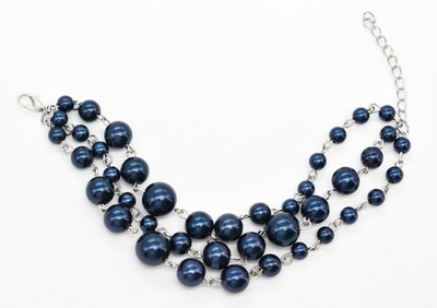 7'' Silver-T Multi-strand Graduated Size Midnight Blue Faux Pearl Chain Bracelet