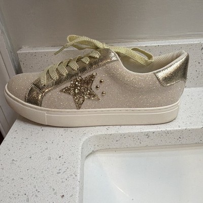 Gold Glitter Star Comfort Lace Up Sneakers Women's Casual Flat Low Top