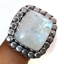 Rainbow Moonstone 925 Silver Plated Ring US 9 Bohemian Style Gift Trendy JW