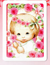 1 SINGLE SWAP CARD,  lbig eyed girl, infant baby holding roses