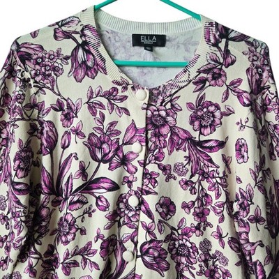 Ella Rafaella Womens XL Cardigan Purple Floral Button Front Long Sleeve Cottage