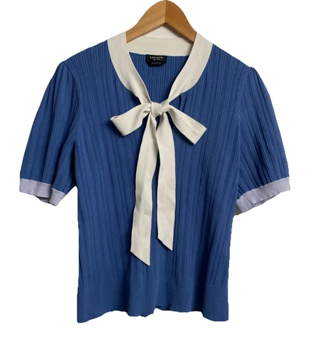 Maglione Kate Spade Color Block collo fiocco donna XL blu bianco elasticizzato viscosa NUOVO
