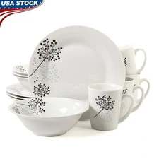 12 Piece Dinnerware Set Service 4 Dishwasher Safe Stoneware Plates Bowls Mugs US