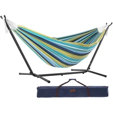 Double Cotton Hammock with Space Saving Steel Stand, Upgraded Polyester End S...