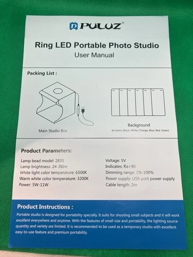 PULUZ Ring LED Portable Photo Studio. Foldable Light Box for Photography. New