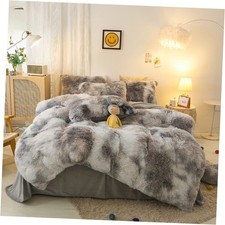 Kids Girls Faux Fur Comforter Sets - 3PC Bed Set Soft Queen Black White Gray