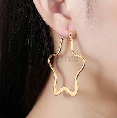 Gold Star Hoop Earrings 60MM Big 18K Gold Plated Stainless Steel Women's Jewelry - Picture 4 of 7