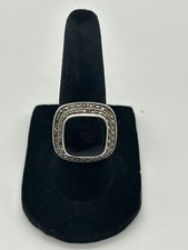 Sterling Silver Cushion-Cut Black Onyx Ring with CZ Halo Size 6