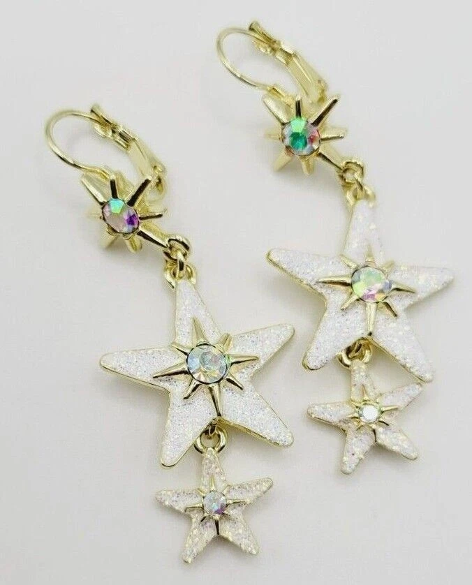 Kirks Folly 3 ESTRELLAS Cristal Palanca Trasera Pendientes Tono Dorado y Blanco Cuelga Foto 2 de 4