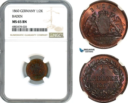 AJ585, Germany, Baden, Frederick I, 1/2 Kreuzer 1860, NGC MS65BN, Top Pop!