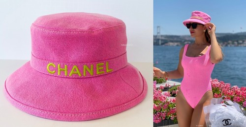 21P CHANEL PINK YELLOW DENIM BUCKET CLOCHE HAT M